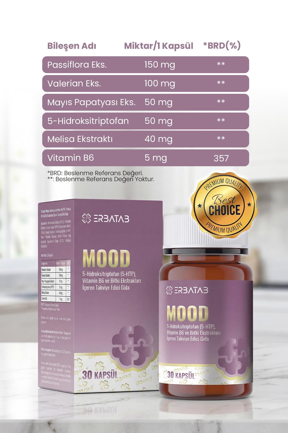 Erbatab Mood 5-HTP 30 Kapsül Passiflora, Valerian ve Melisa Ekstraktları İçeren Takviye Edici Gıda