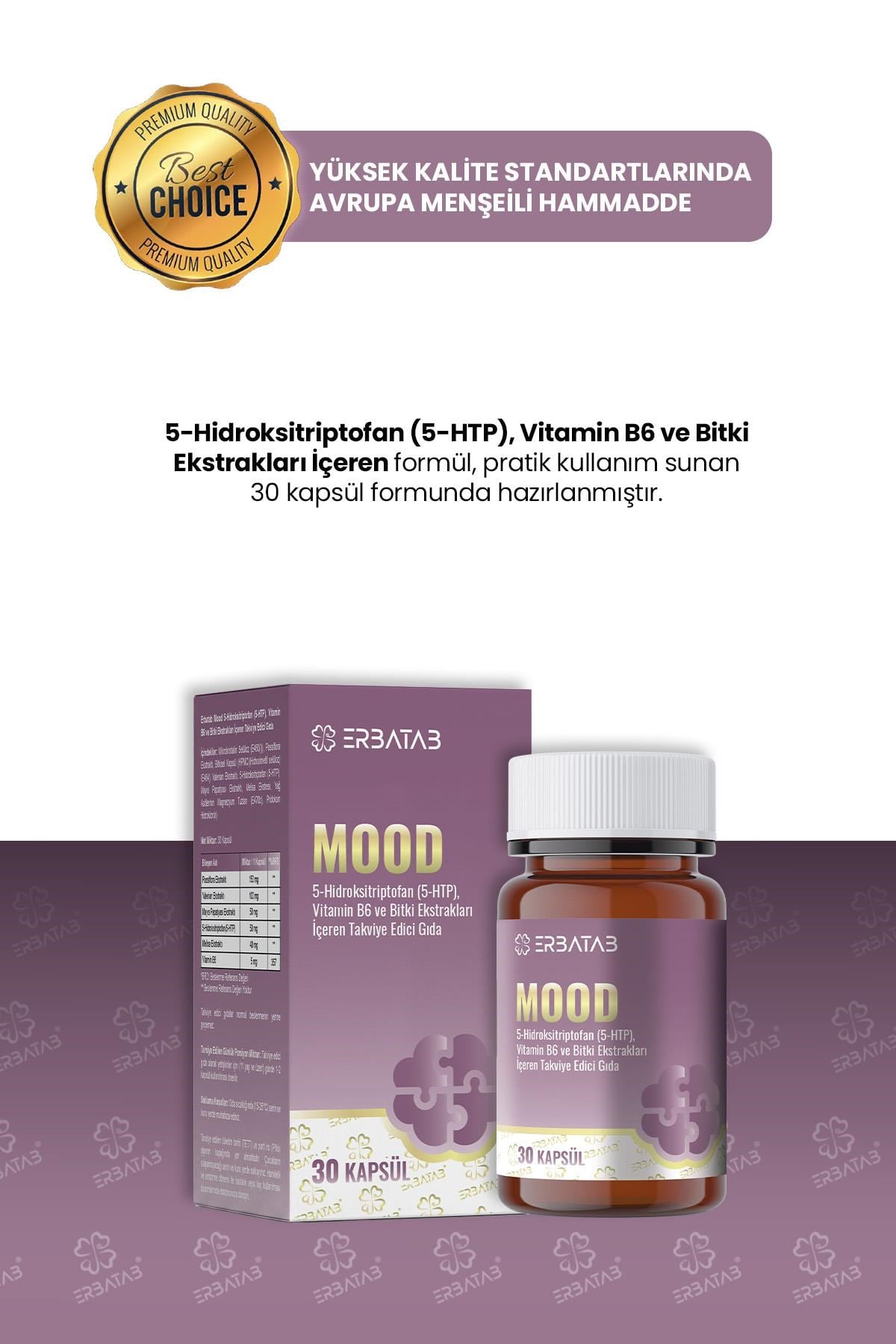 Erbatab Mood 5-HTP 30 Kapsül Passiflora, Valerian ve Melisa Ekstraktları İçeren Takviye Edici Gıda
