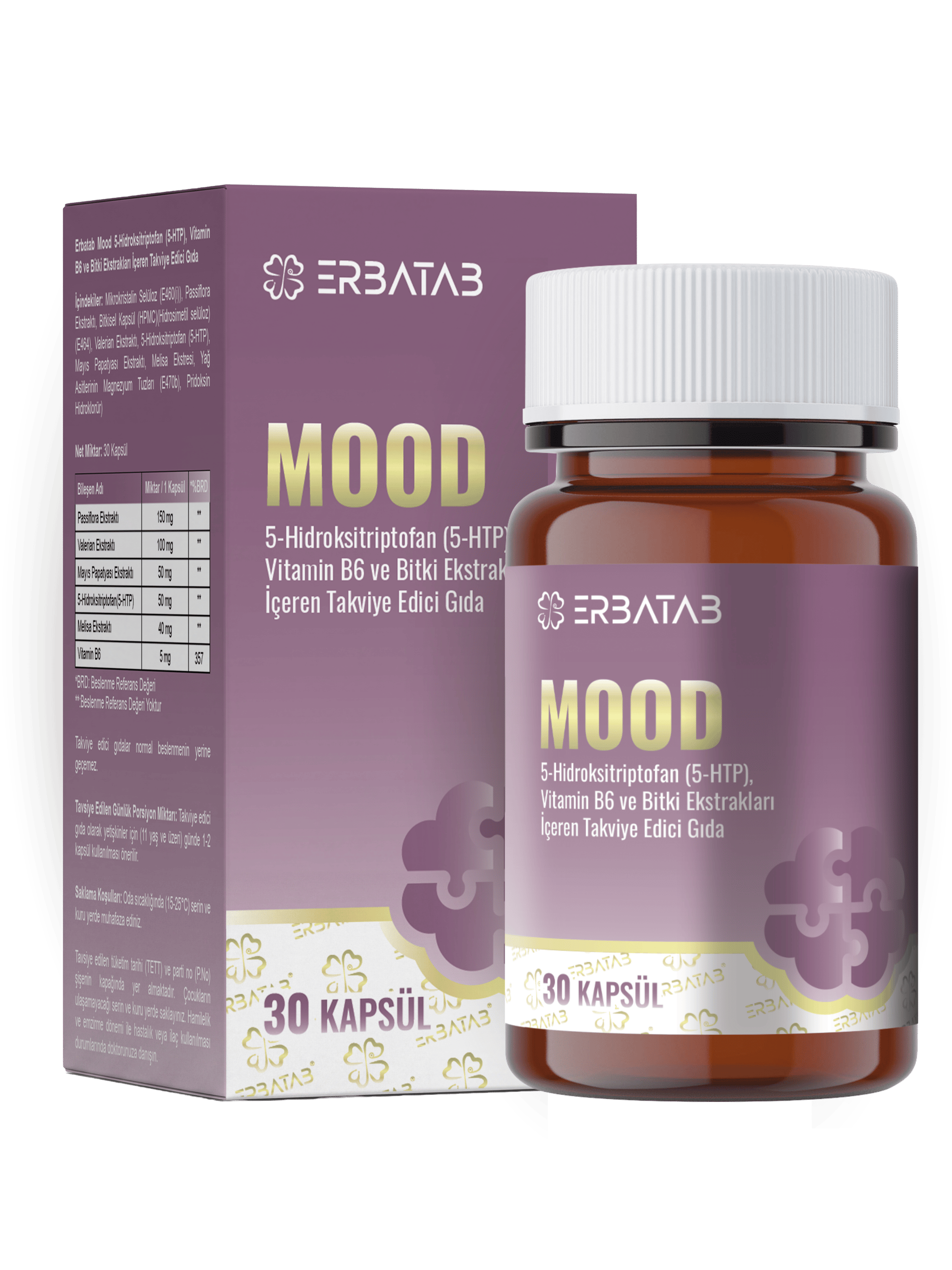 Erbatab Mood 5-HTP 30 Kapsül Passiflora, Valerian ve Melisa Ekstraktları İçeren Takviye Edici Gıda