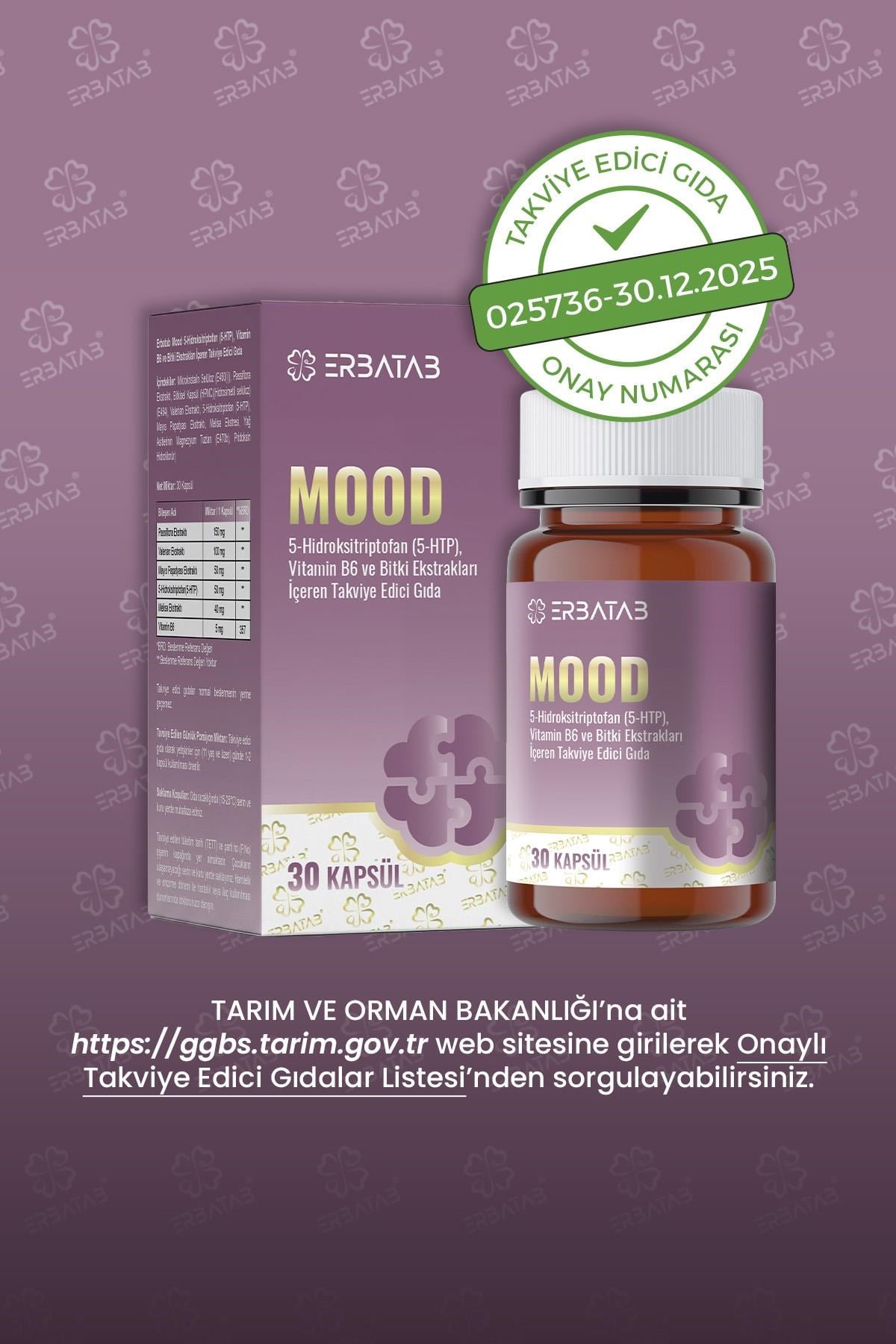 Erbatab Mood 5-HTP 30 Kapsül Passiflora, Valerian ve Melisa Ekstraktları İçeren Takviye Edici Gıda