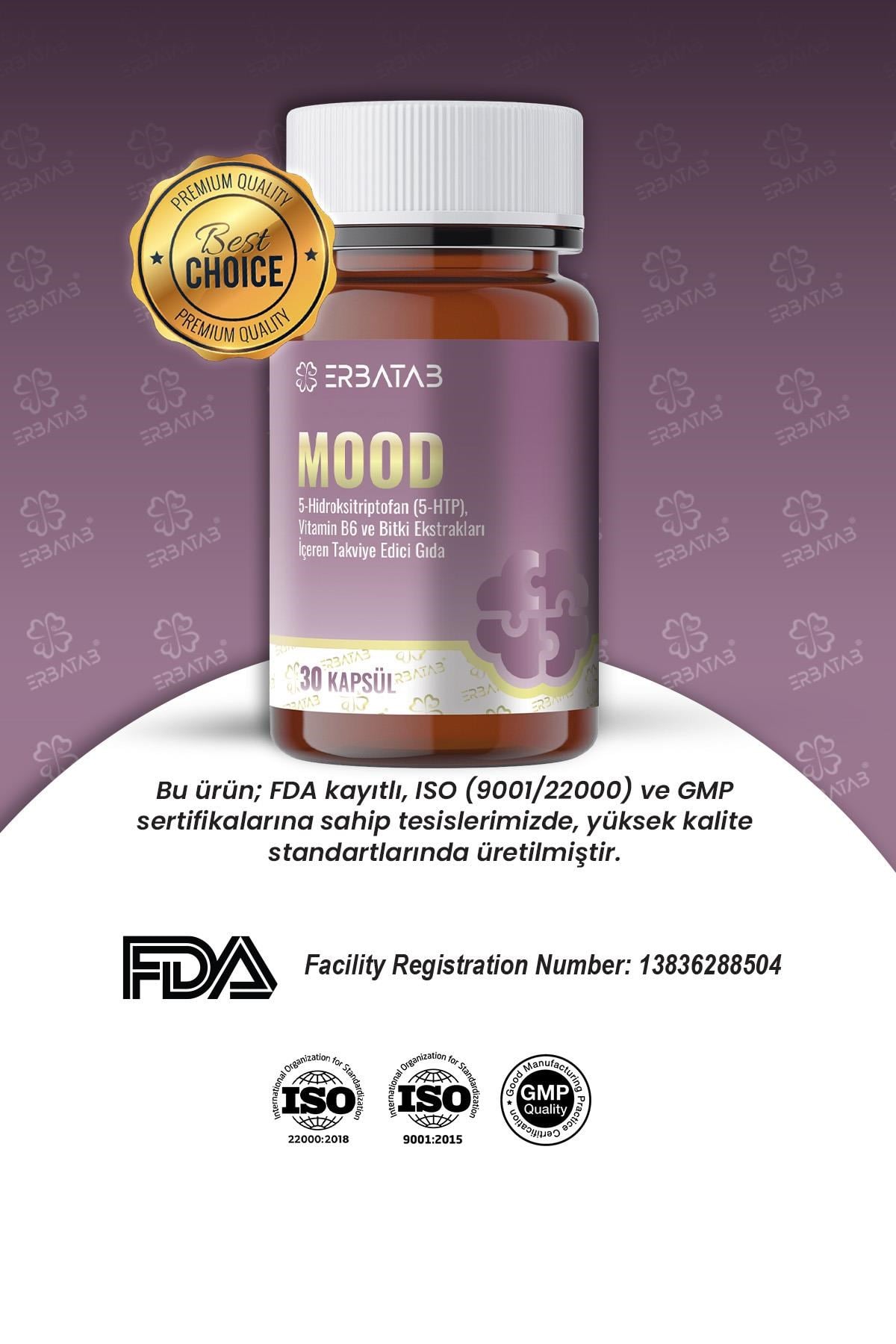 Erbatab Mood 5-HTP 30 Kapsül Passiflora, Valerian ve Melisa Ekstraktları İçeren Takviye Edici Gıda