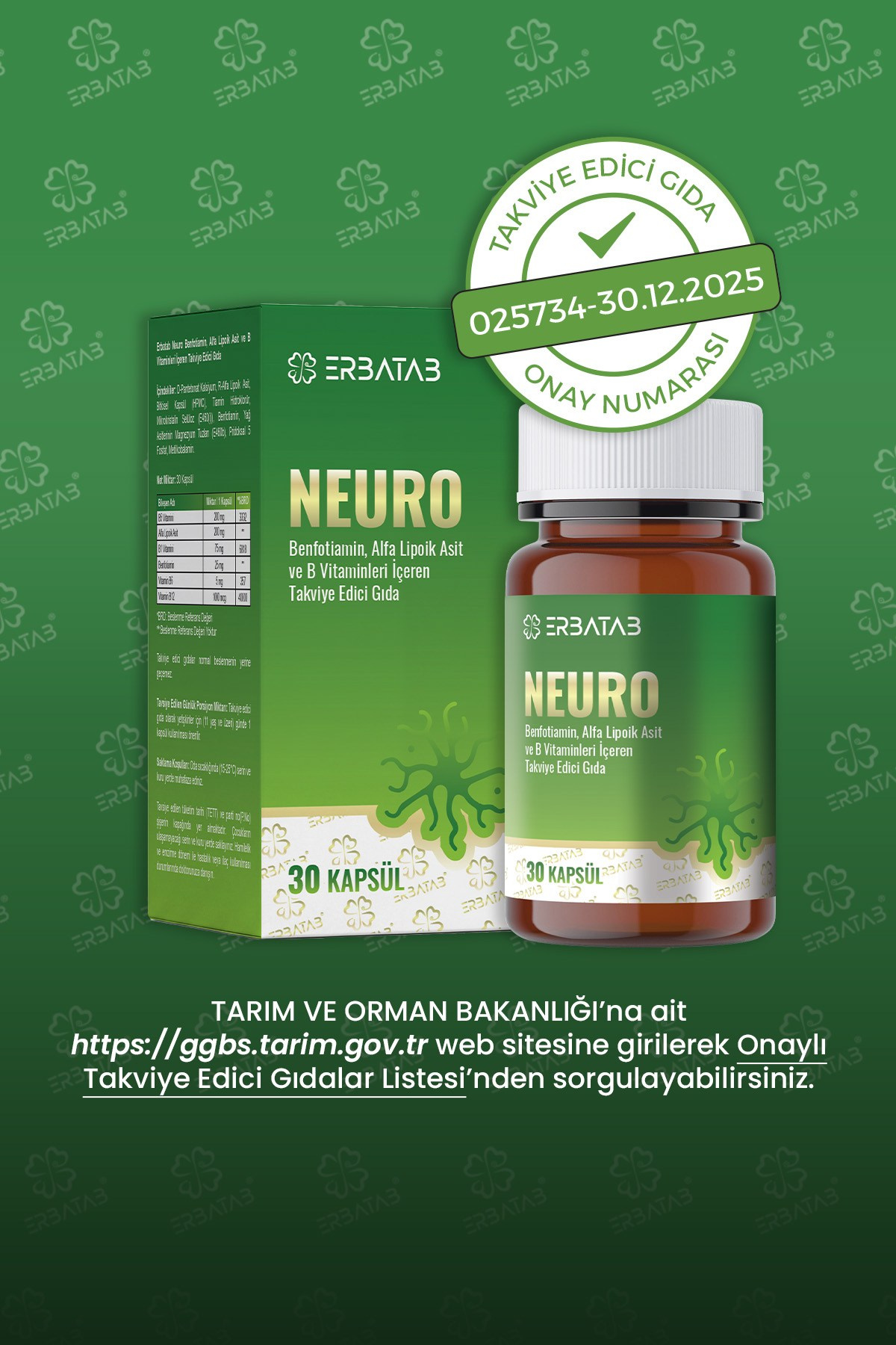 Erbatab Neuro  B Vitaminleri İçeren Takviye Edici Gıda – 30 Kapsül