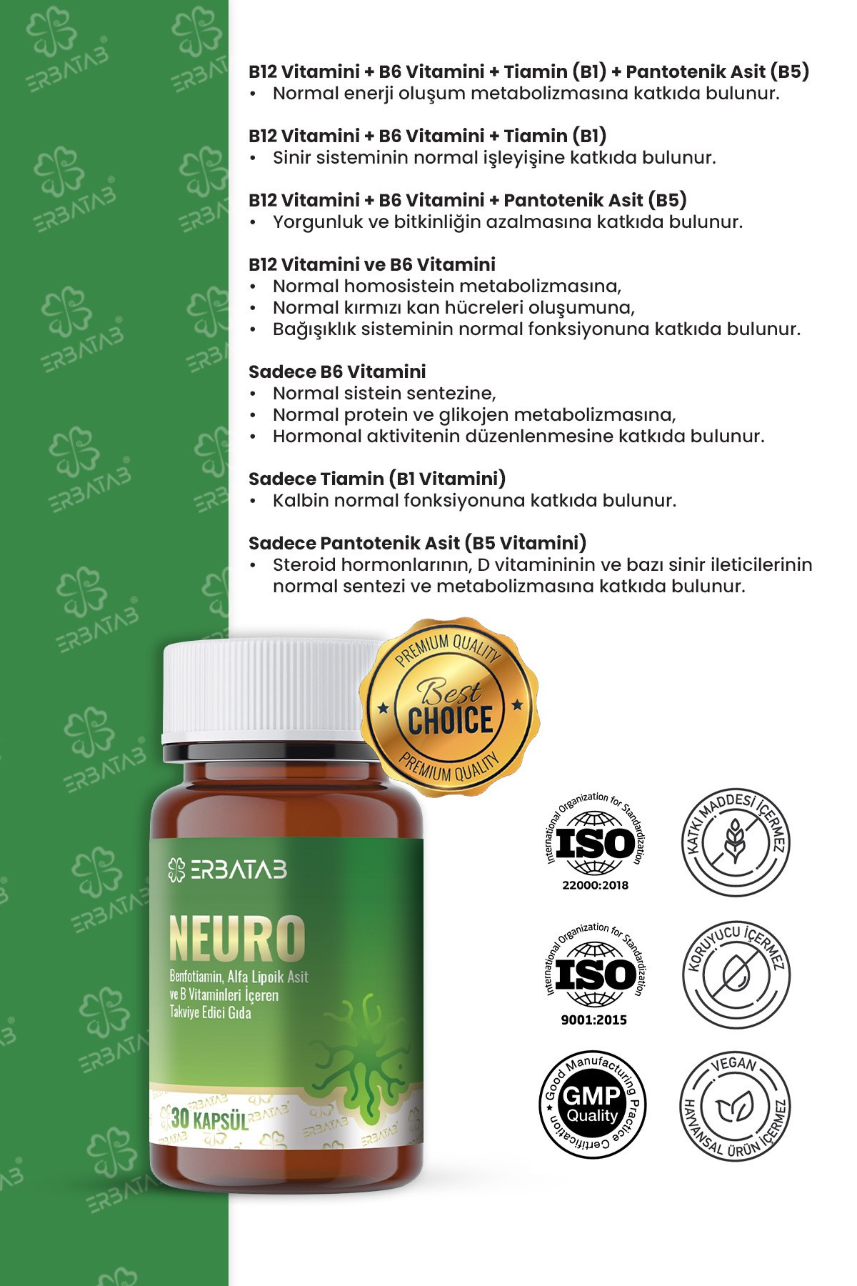 Erbatab Neuro  B Vitaminleri İçeren Takviye Edici Gıda – 30 Kapsül