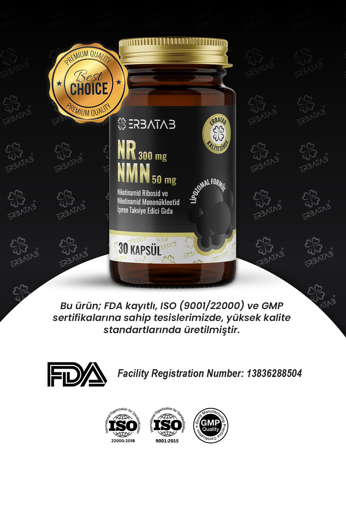 Erbatab NR 300 mg + NMN 50 mg Lipozomal Formül 30 Kapsül Takviye Edici Gıda