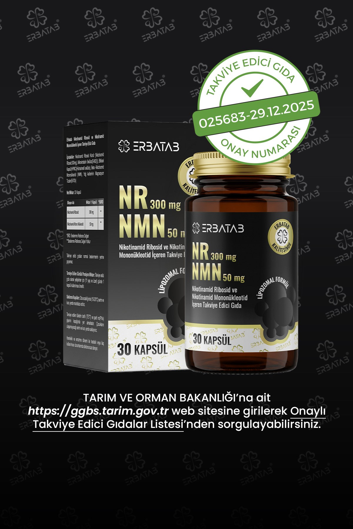 Erbatab NR 300 mg + NMN 50 mg Lipozomal Formül 30 Kapsül Takviye Edici Gıda