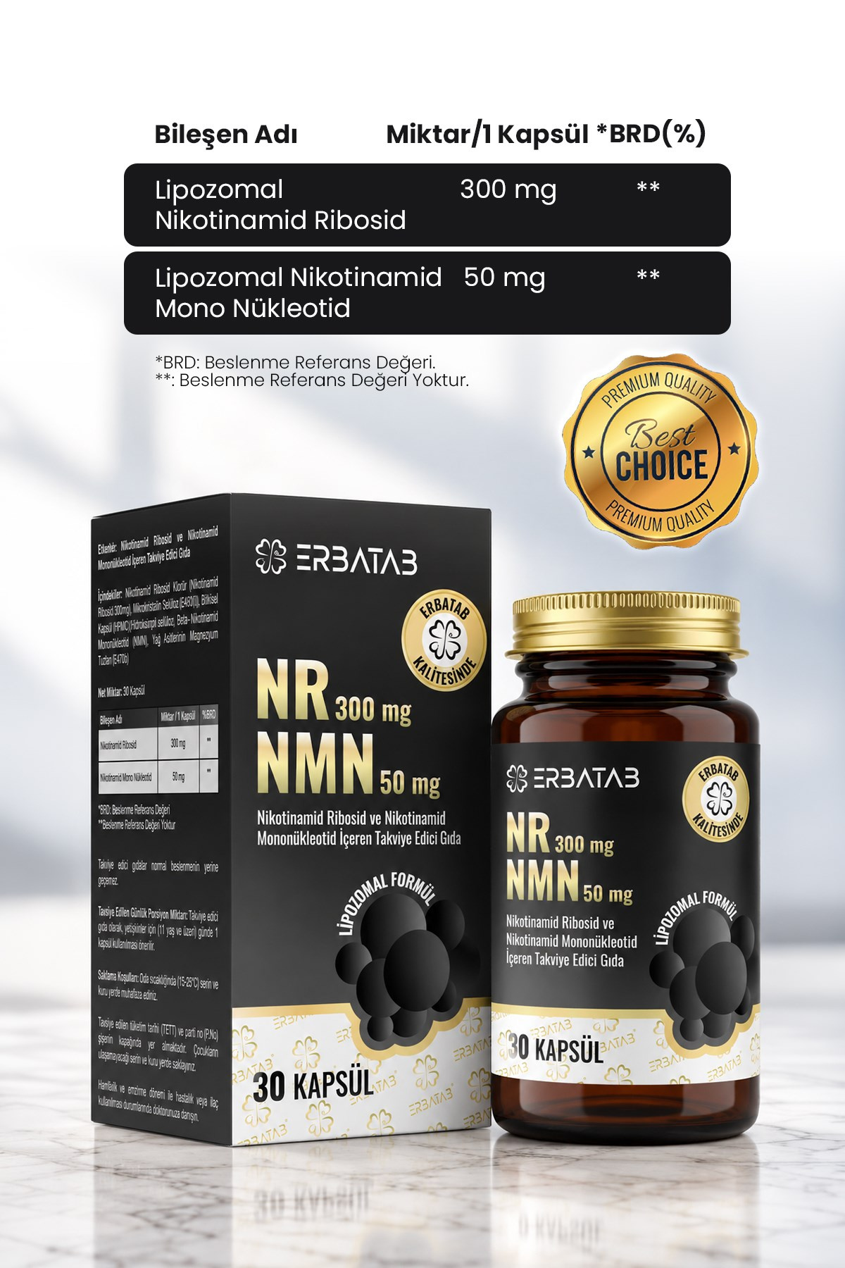 Erbatab NR 300 mg + NMN 50 mg Lipozomal Formül 30 Kapsül Takviye Edici Gıda