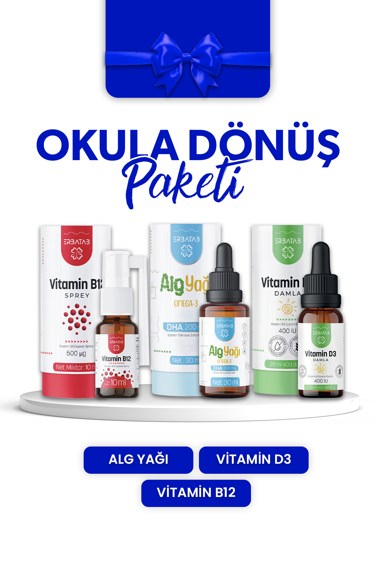 Erbatab Okula Dönüş Paketi ( Vitamin D3 Kids, Vita 12, Alg Yağı Omega-3)