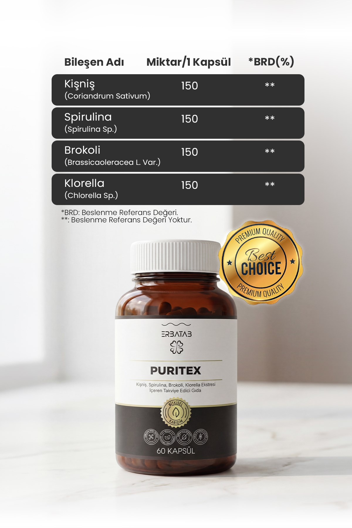 Erbatab Puritex (Kişniş - Spirulina - Brokoli - Kl orella) 60 Kapsül