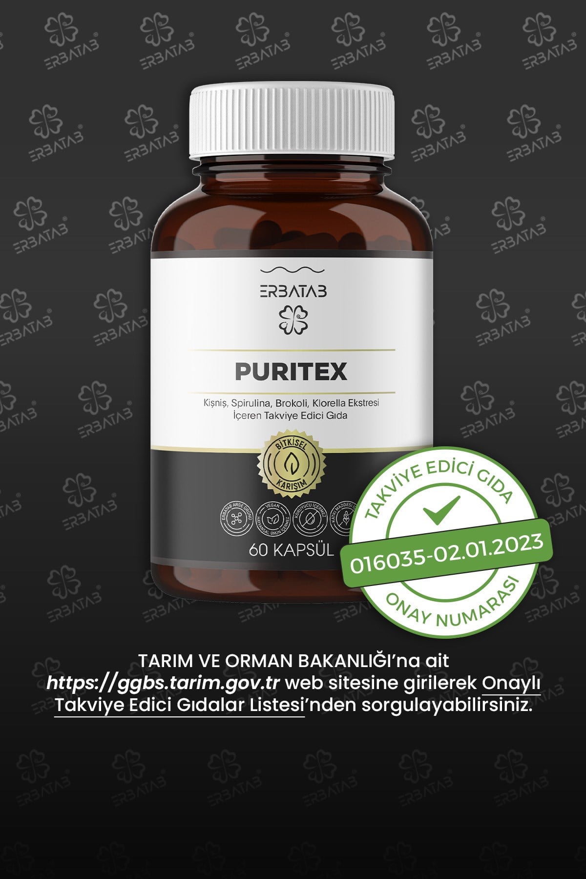 Erbatab Puritex (Kişniş - Spirulina - Brokoli - Kl orella) 60 Kapsül