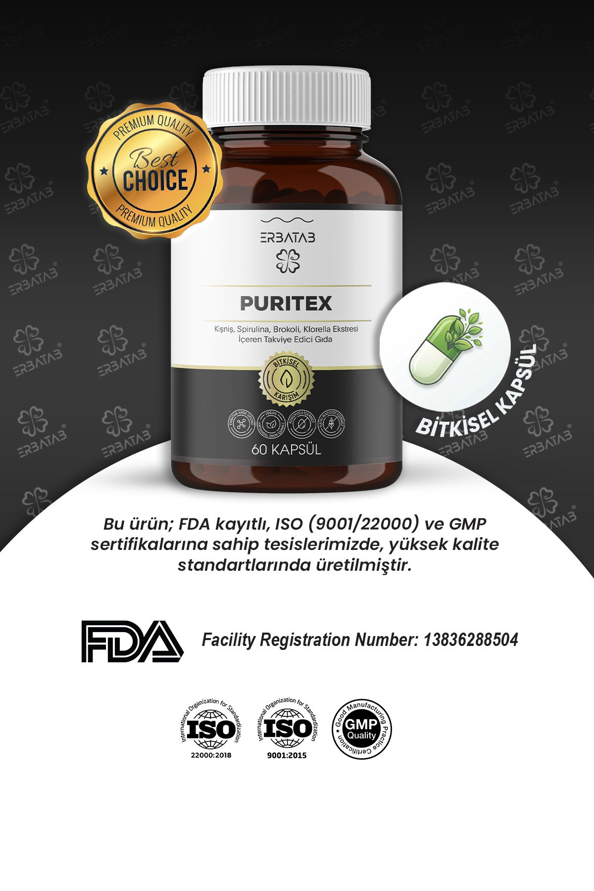 Erbatab Puritex (Kişniş - Spirulina - Brokoli - Kl orella) 60 Kapsül