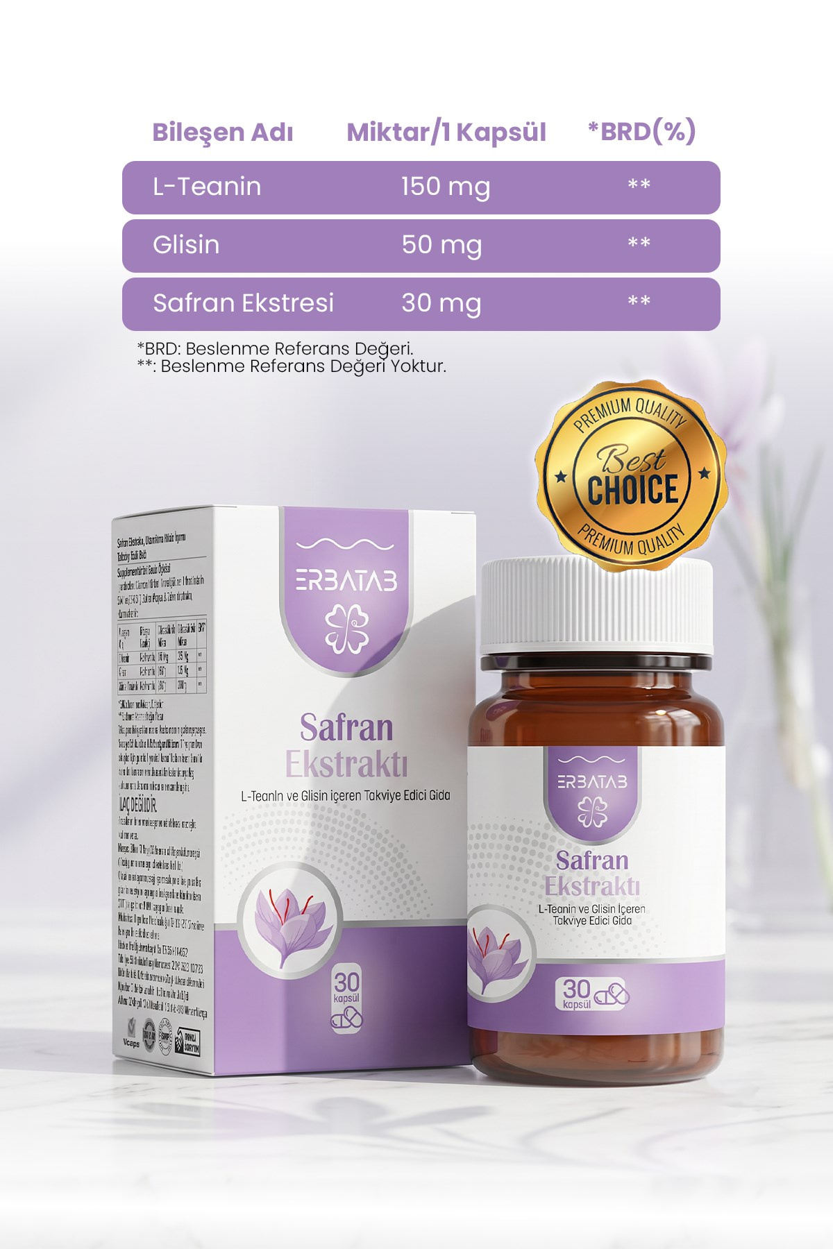 Erbatab Safran Ekstresi, L-Teanin & Glisin Kompleksi 30 Kapsül