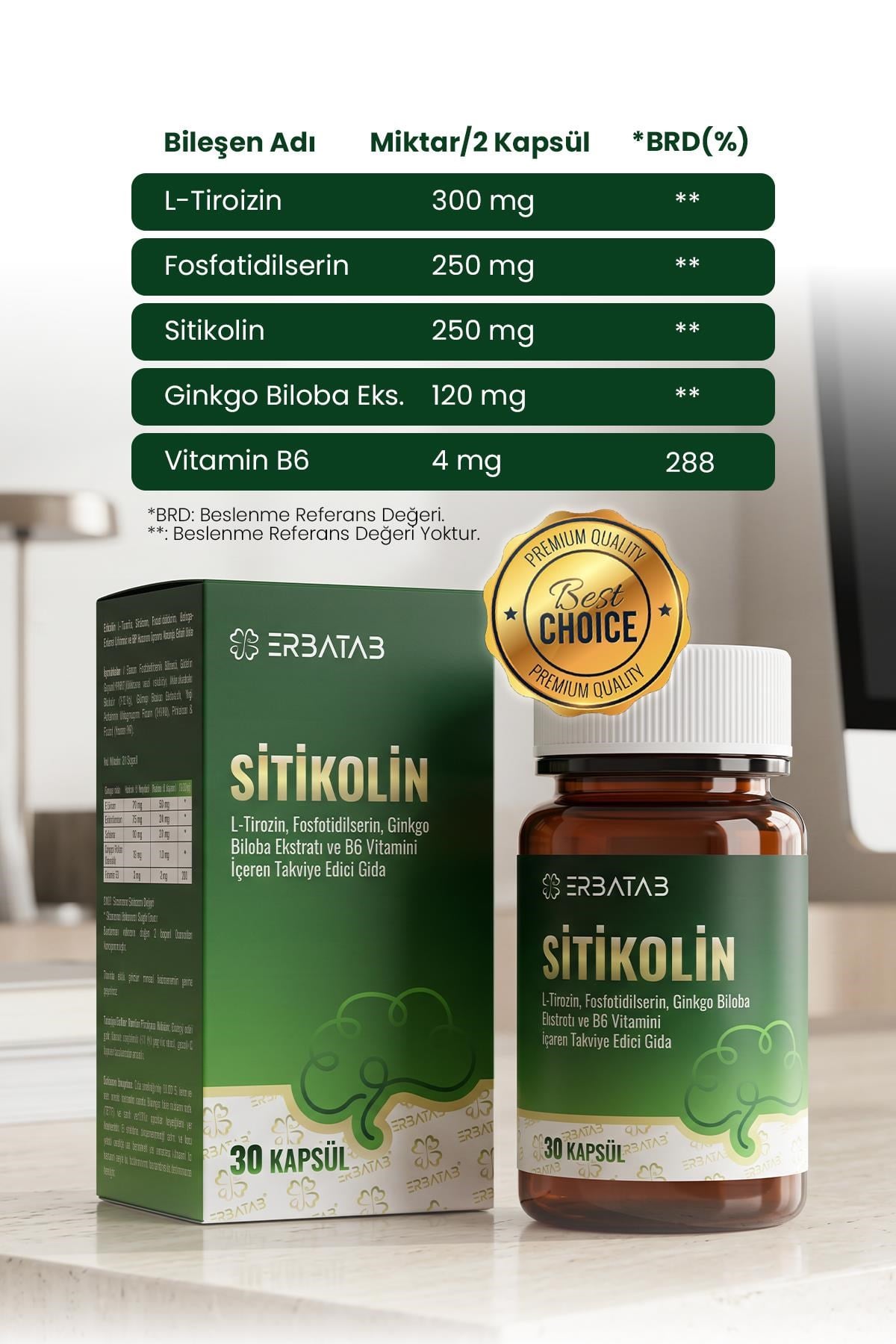 ERBATAB Sitikolin – L-Tirozin, Fosfatidilserin, Ginkgo Biloba Ekstraktı ve B6 Vitamini İçeren Takviye Edici Gıda – 30 Vcaps®