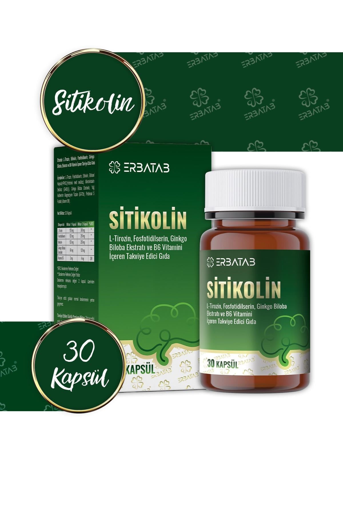 ERBATAB Sitikolin – L-Tirozin, Fosfatidilserin, Ginkgo Biloba Ekstraktı ve B6 Vitamini İçeren Takviye Edici Gıda – 30 Vcaps®