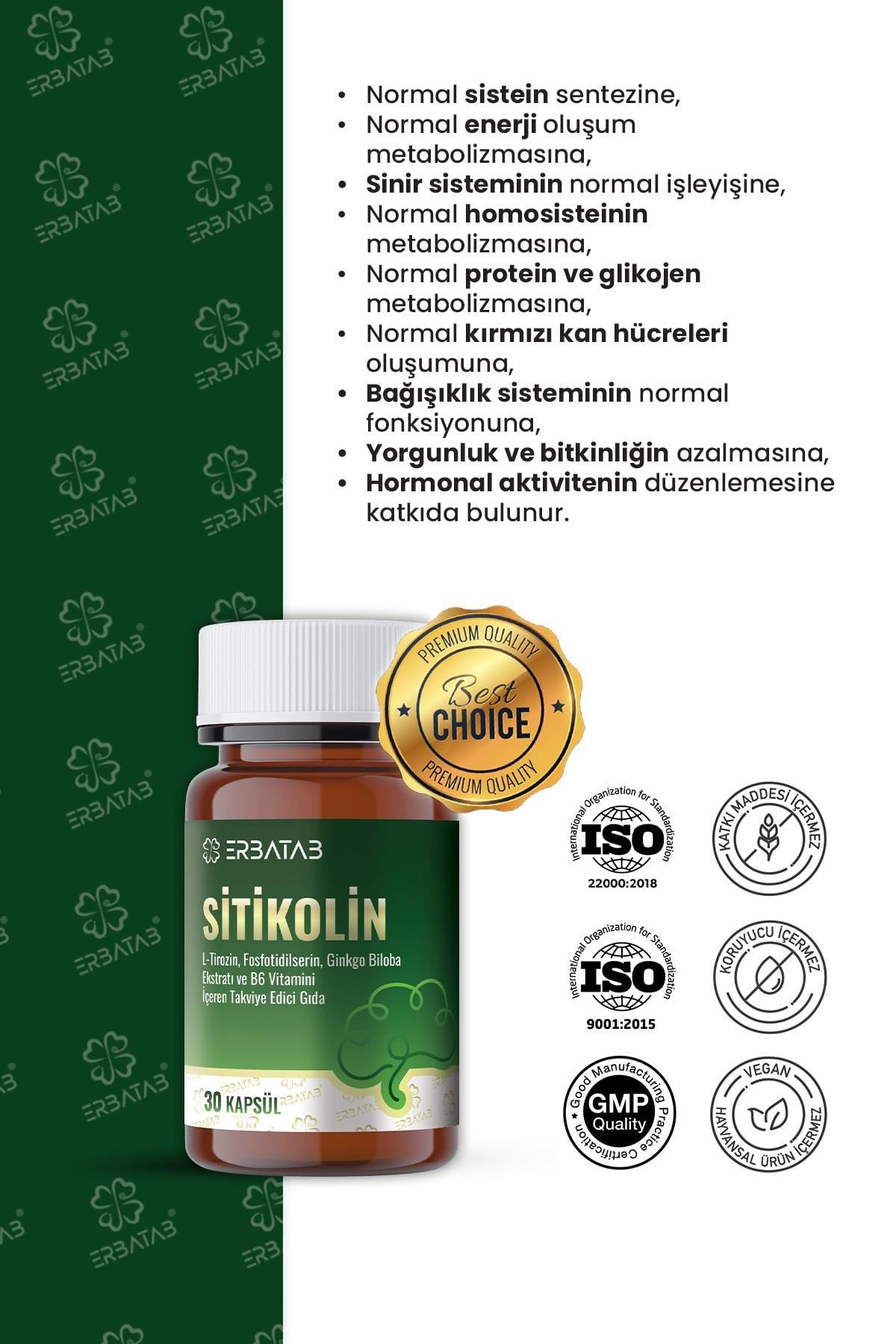 ERBATAB Sitikolin – L-Tirozin, Fosfatidilserin, Ginkgo Biloba Ekstraktı ve B6 Vitamini İçeren Takviye Edici Gıda – 30 Vcaps®