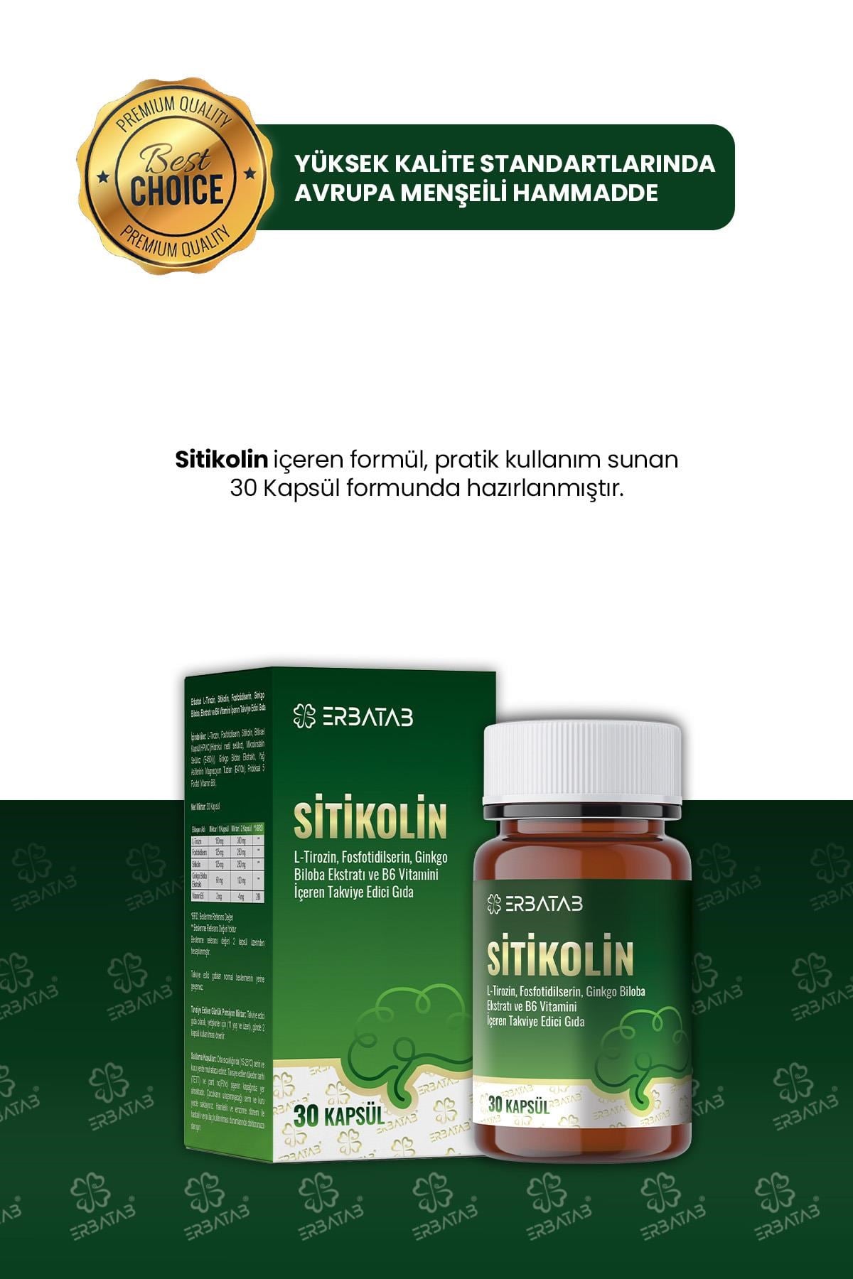 ERBATAB Sitikolin – L-Tirozin, Fosfatidilserin, Ginkgo Biloba Ekstraktı ve B6 Vitamini İçeren Takviye Edici Gıda – 30 Vcaps®