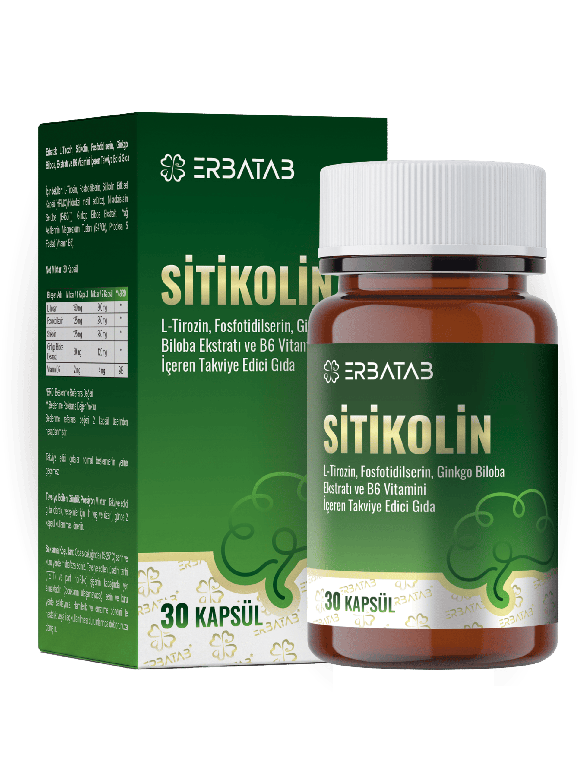 ERBATAB Sitikolin – L-Tirozin, Fosfatidilserin, Ginkgo Biloba Ekstraktı ve B6 Vitamini İçeren Takviye Edici Gıda – 30 Vcaps®