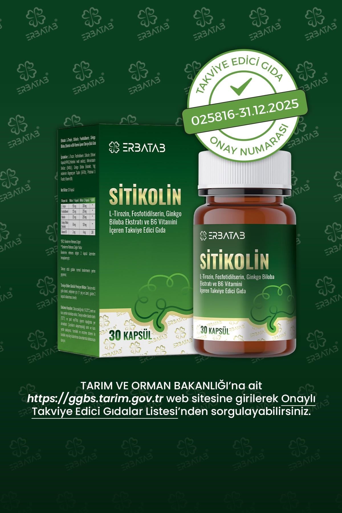 ERBATAB Sitikolin – L-Tirozin, Fosfatidilserin, Ginkgo Biloba Ekstraktı ve B6 Vitamini İçeren Takviye Edici Gıda – 30 Vcaps®