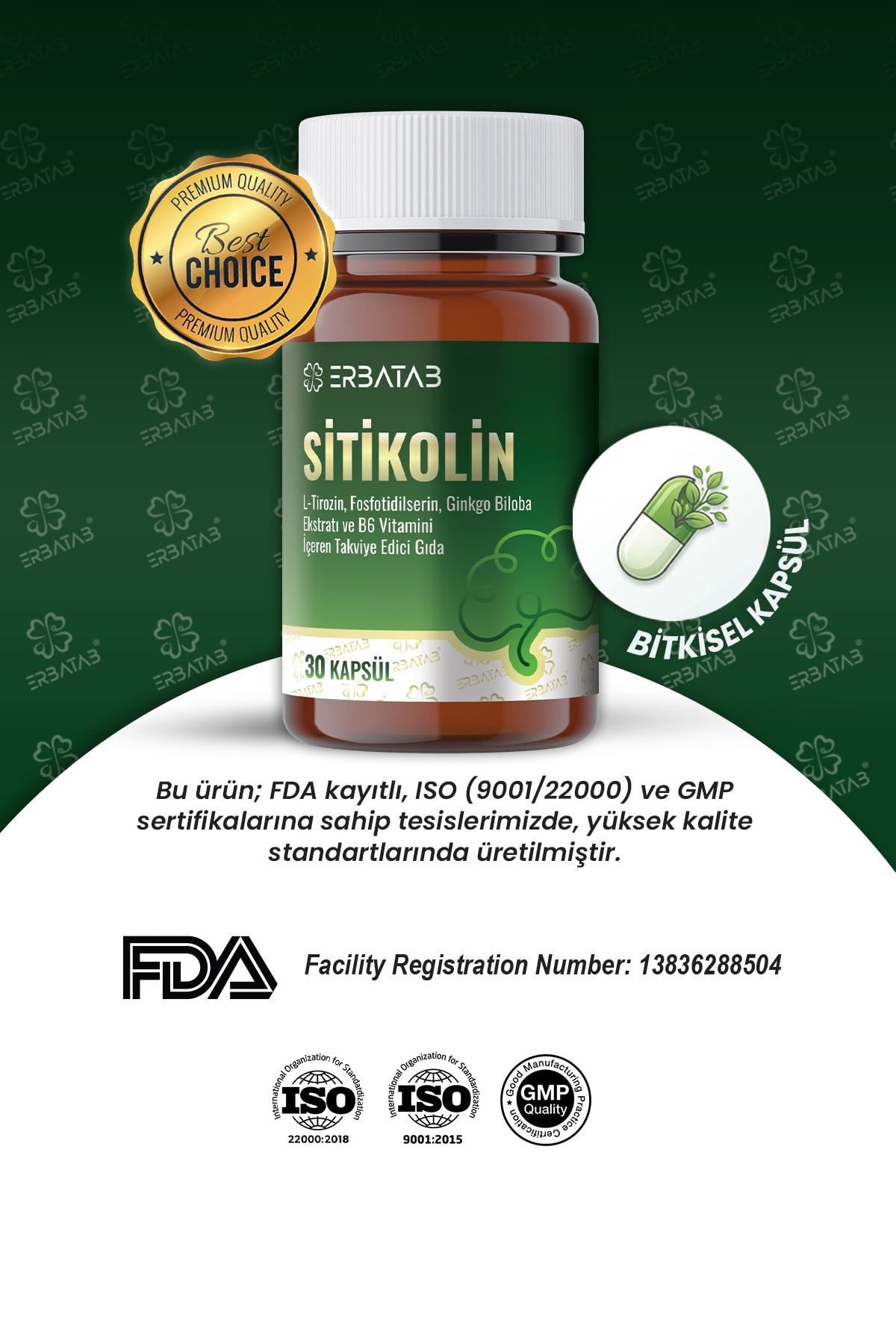 ERBATAB Sitikolin – L-Tirozin, Fosfatidilserin, Ginkgo Biloba Ekstraktı ve B6 Vitamini İçeren Takviye Edici Gıda – 30 Vcaps®