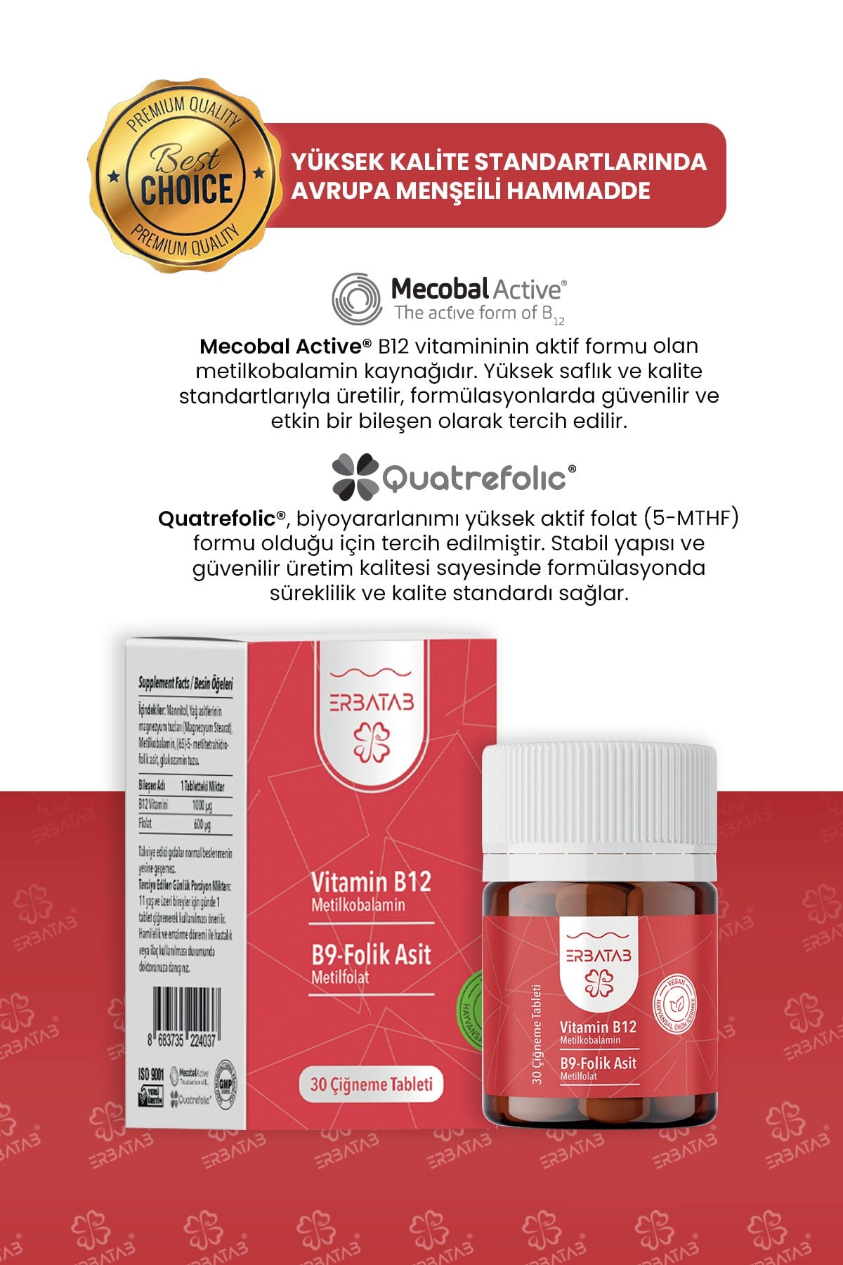 Erbatab Vitamin B12- Folik Asit B9-Metilkobalamin- Metilfolat