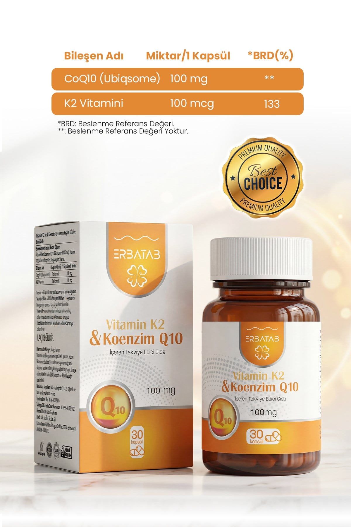 Erbatab Vitamin K2 ve Koenzim Q10 30 Kapsül 