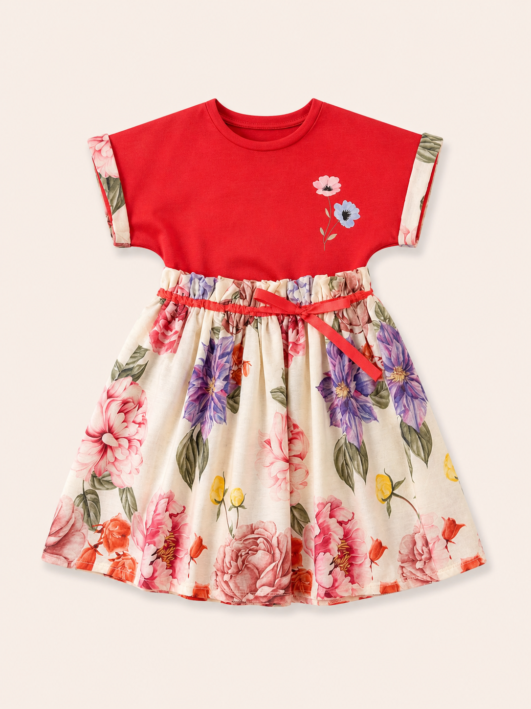 Kız Çocuk Çiçek Desenli Elbise – 3-6 Yaş Turuncu Üst & Floral Etek Yazlık Elbise