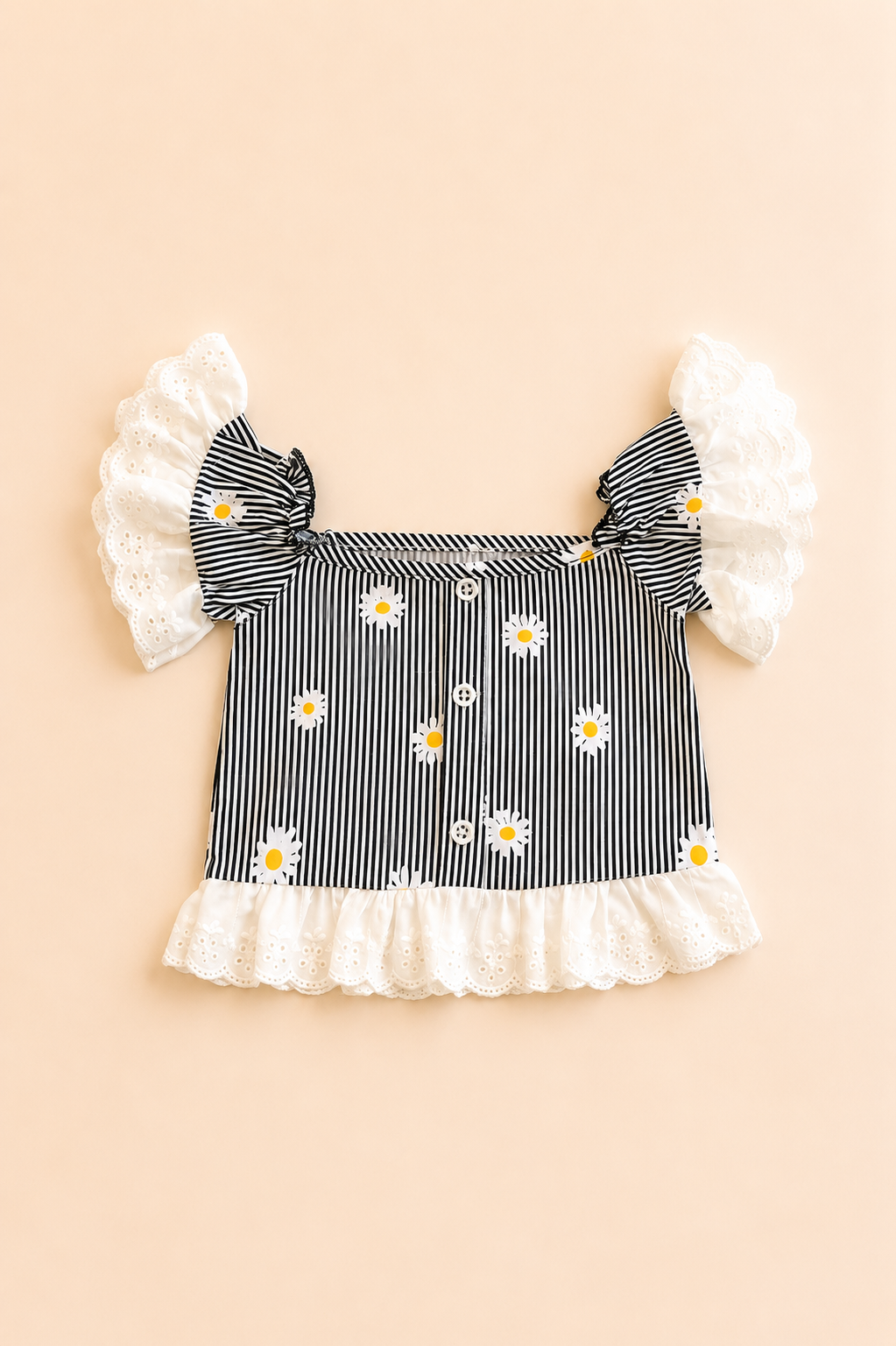 Kız Çocuk Papatya Desenli Çizgili Takım Dantel Detaylı Crop Bluz ve Bol Paça Pantolon 1-5 Yaş