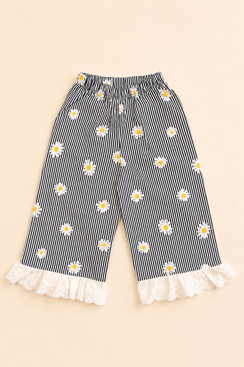 Kız Çocuk Papatya Desenli Çizgili Takım Dantel Detaylı Crop Bluz ve Bol Paça Pantolon 1-5 Yaş