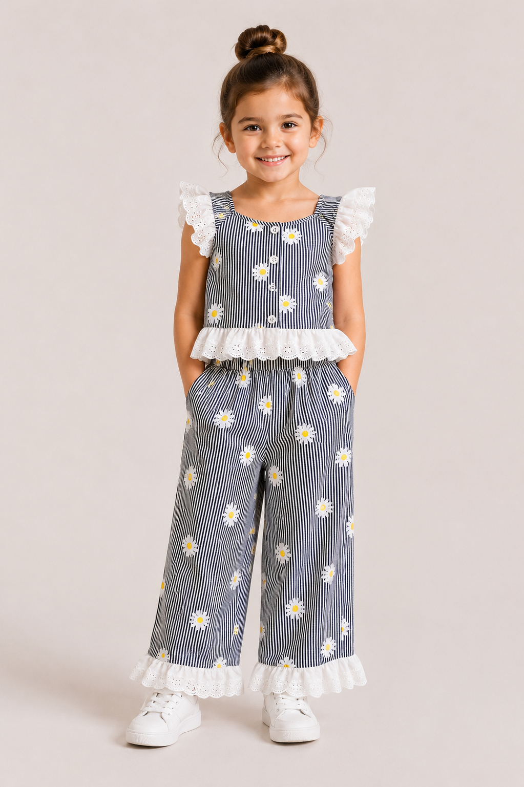 Kız Çocuk Papatya Desenli Çizgili Takım Dantel Detaylı Crop Bluz ve Bol Paça Pantolon 1-5 Yaş