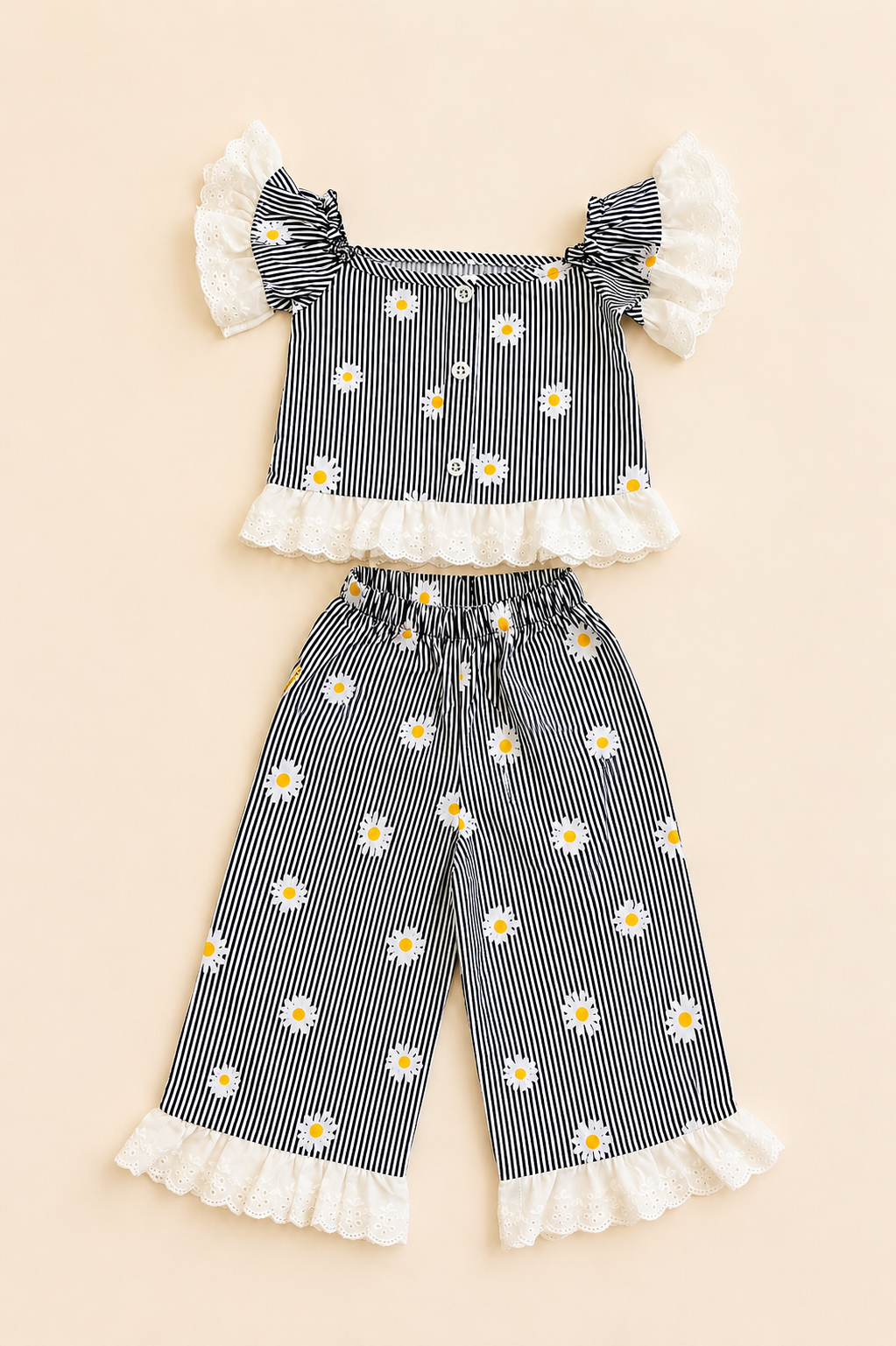 Kız Çocuk Papatya Desenli Çizgili Takım Dantel Detaylı Crop Bluz ve Bol Paça Pantolon 1-5 Yaş