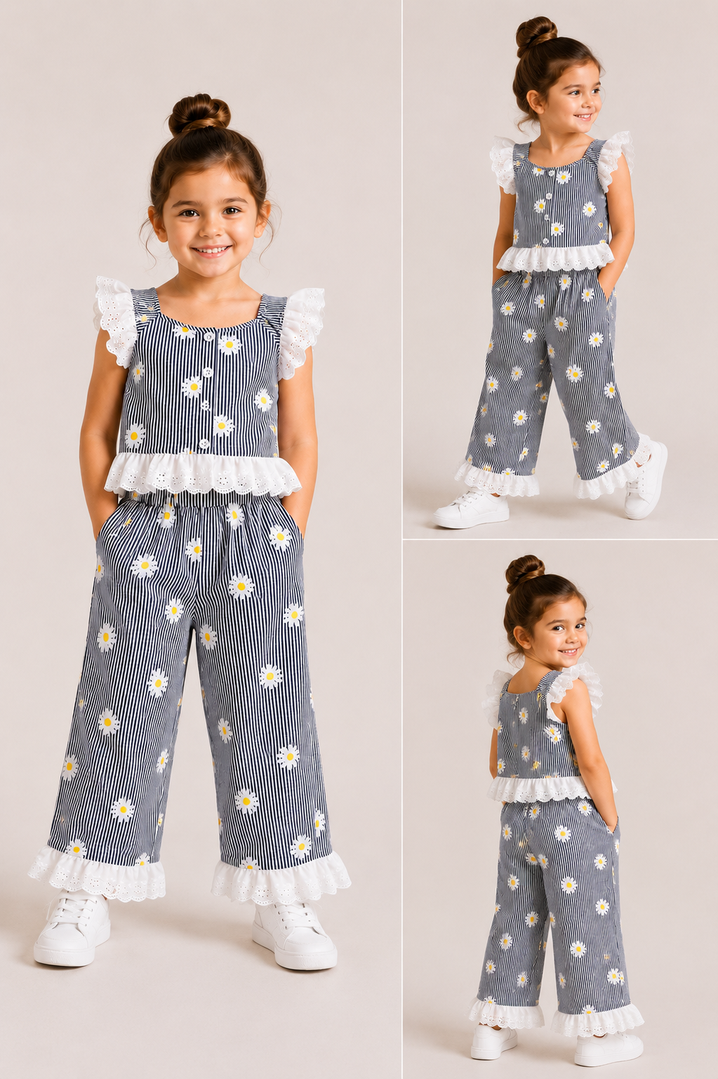 Kız Çocuk Papatya Desenli Çizgili Takım Dantel Detaylı Crop Bluz ve Bol Paça Pantolon 1-5 Yaş