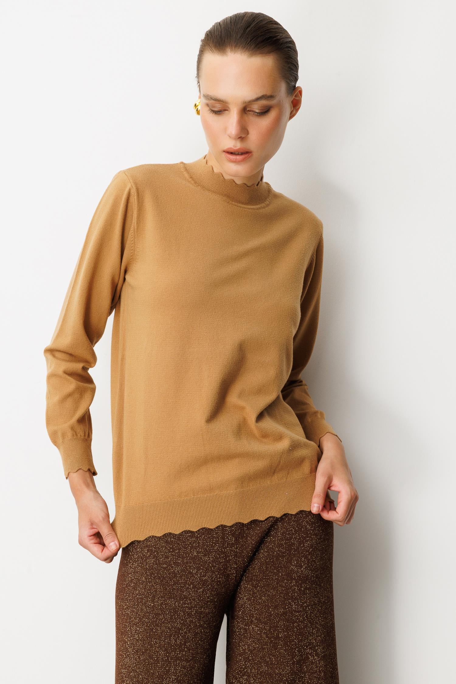 Yarım Balıkçı Angora Triko Kazak-CAMEL