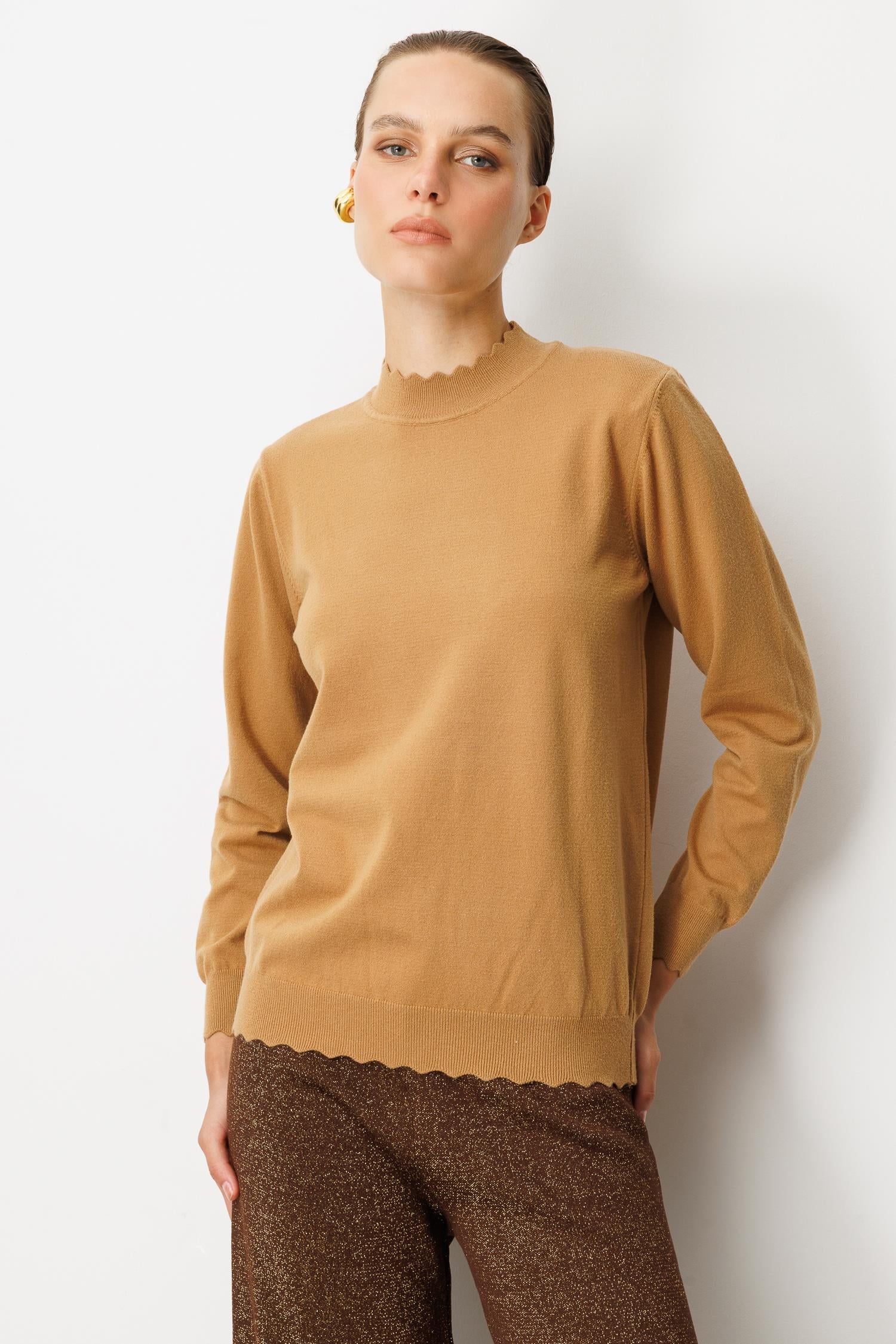 Yarım Balıkçı Angora Triko Kazak-CAMEL