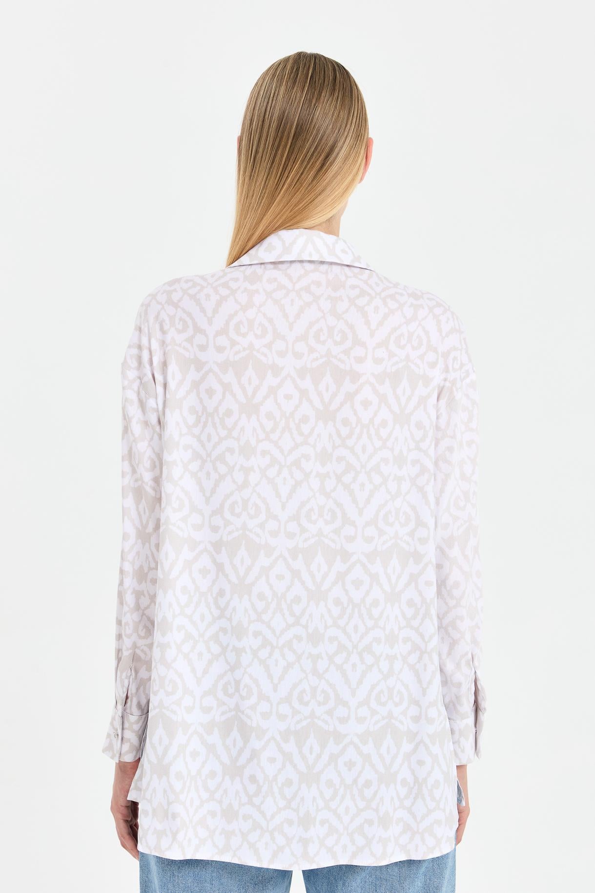 Baskı Desenli Rahat Gömlek-BEJ