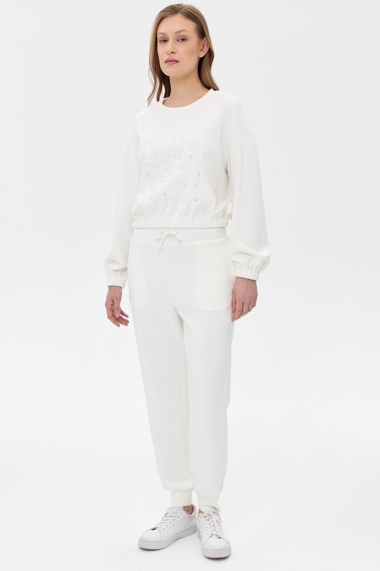 Bel ve Paça Lastikli Modal Pantolon-BEYAZ
