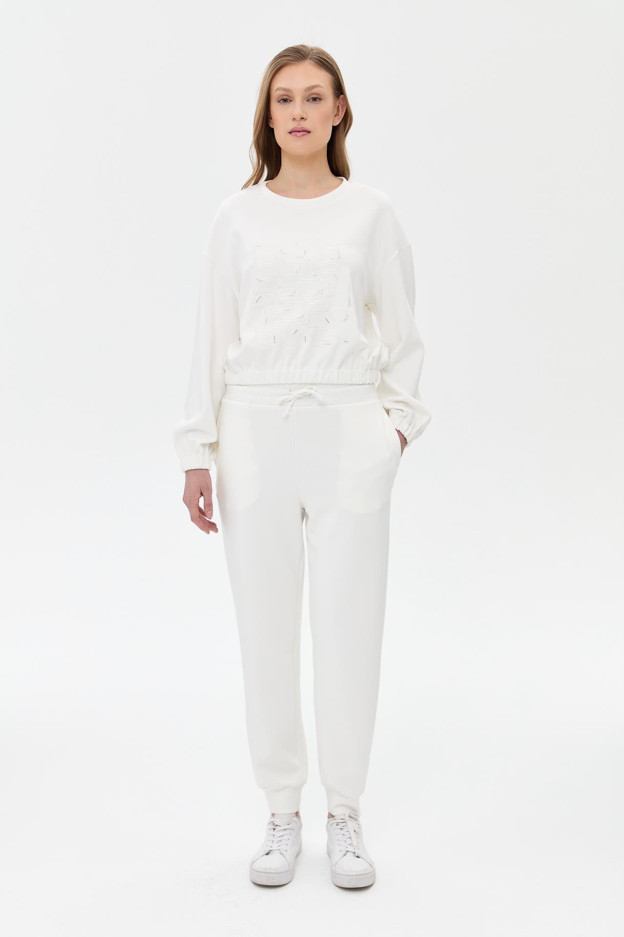 Bel ve Paça Lastikli Modal Pantolon-BEYAZ