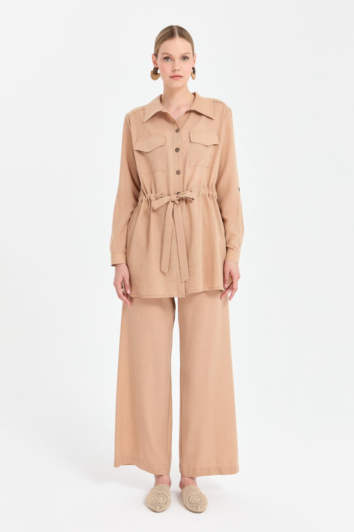Beli Ayarlanabilir Cep Detaylı Keten Tunik-CAMEL