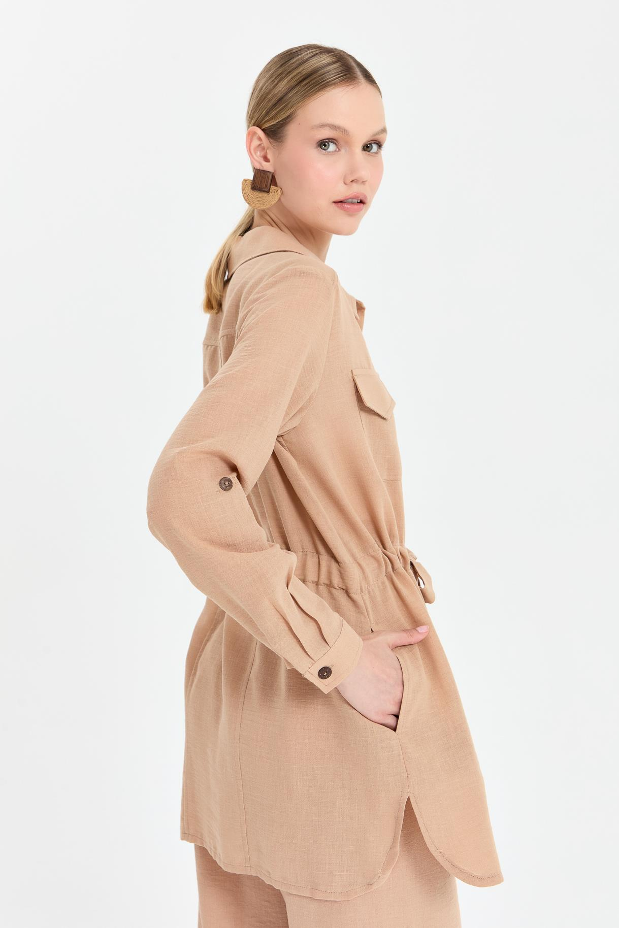Beli Ayarlanabilir Cep Detaylı Keten Tunik-CAMEL