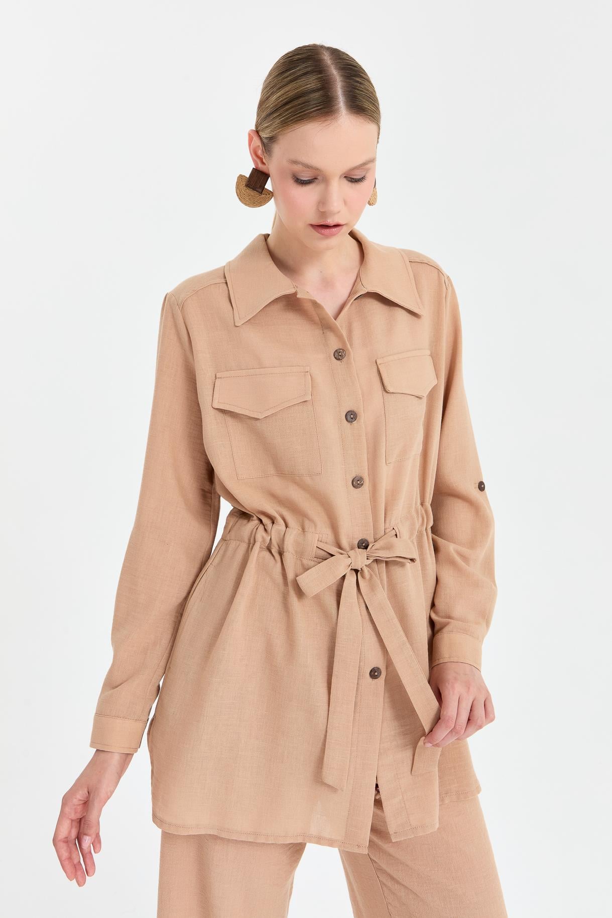 Beli Ayarlanabilir Cep Detaylı Keten Tunik-CAMEL