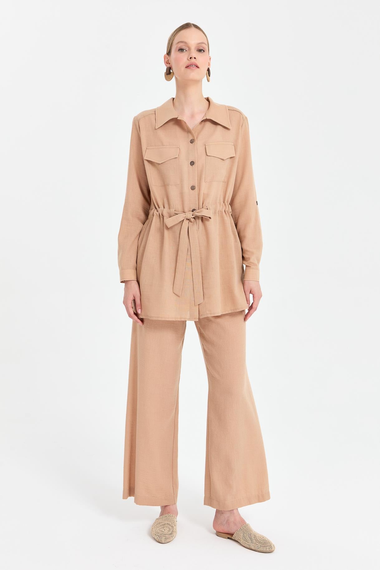 Beli Ayarlanabilir Cep Detaylı Keten Tunik-CAMEL