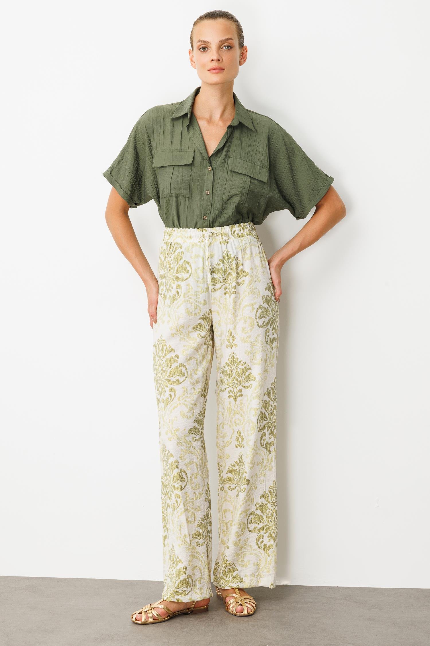 Beli Lastik Desenli Pantolon-YEŞİL