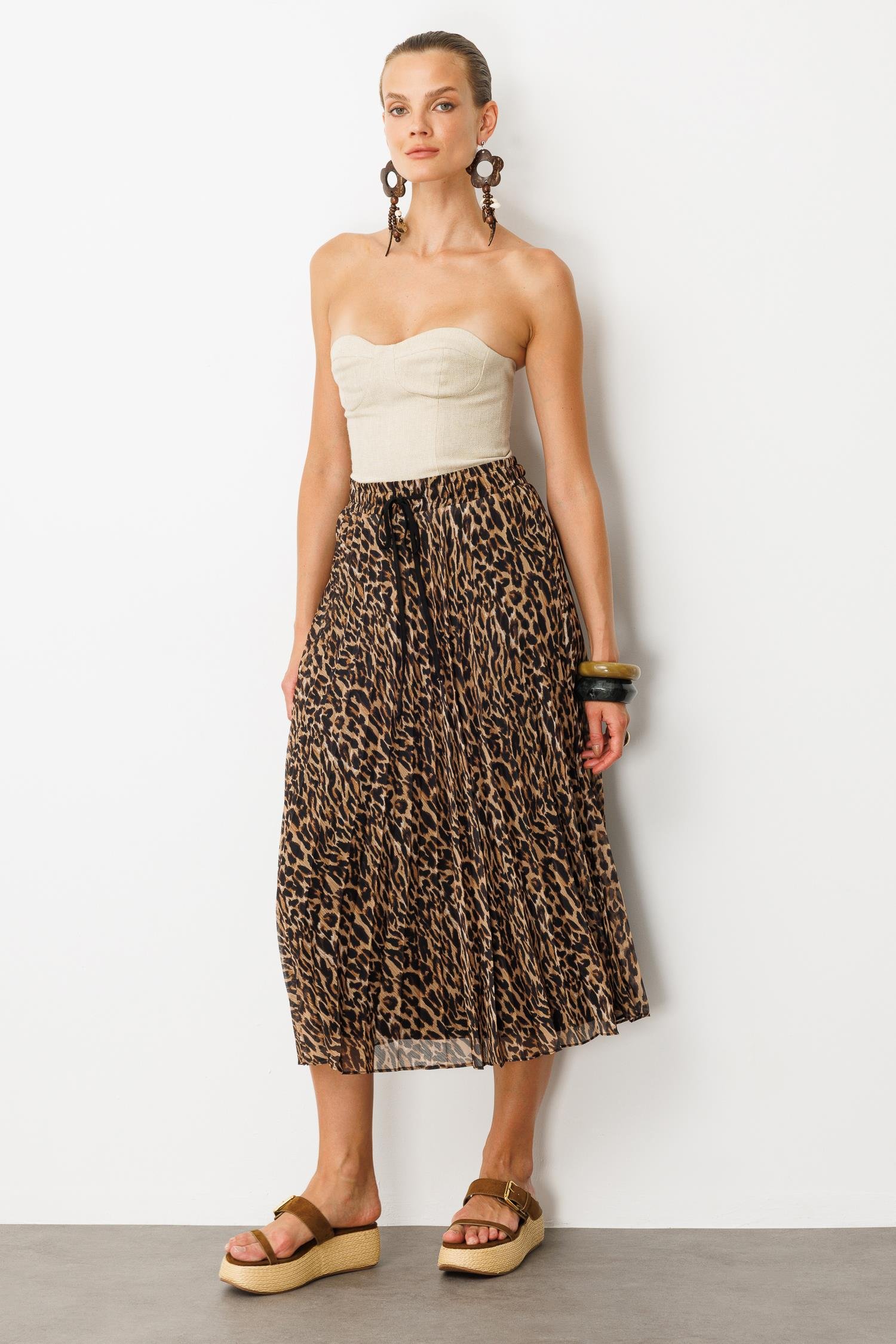 Beli Lastik Pileli Şifon Etek-KAHVE