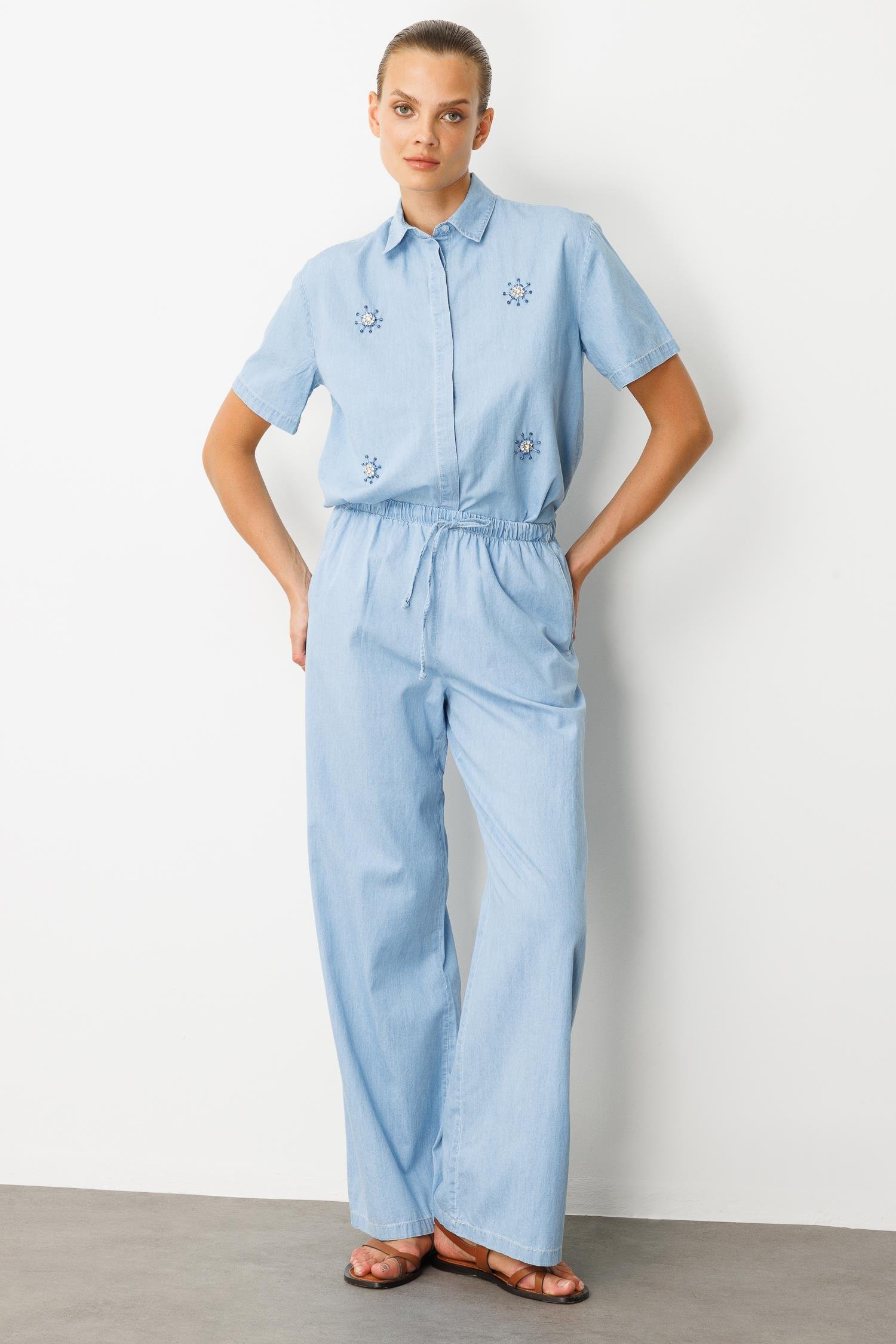 Beli Lastikli Bol Paça Pantolon-MAVİ