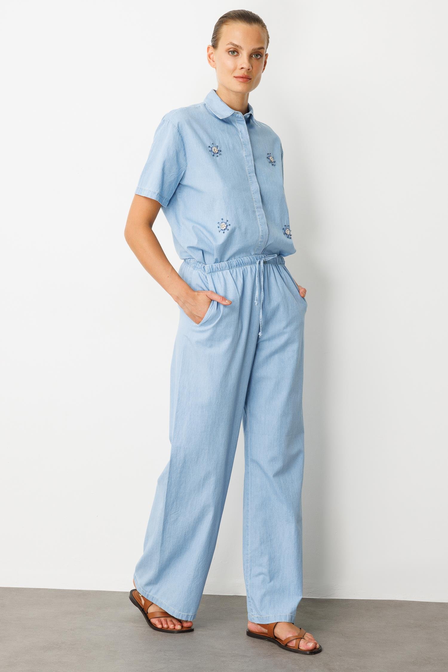 Beli Lastikli Bol Paça Pantolon-MAVİ