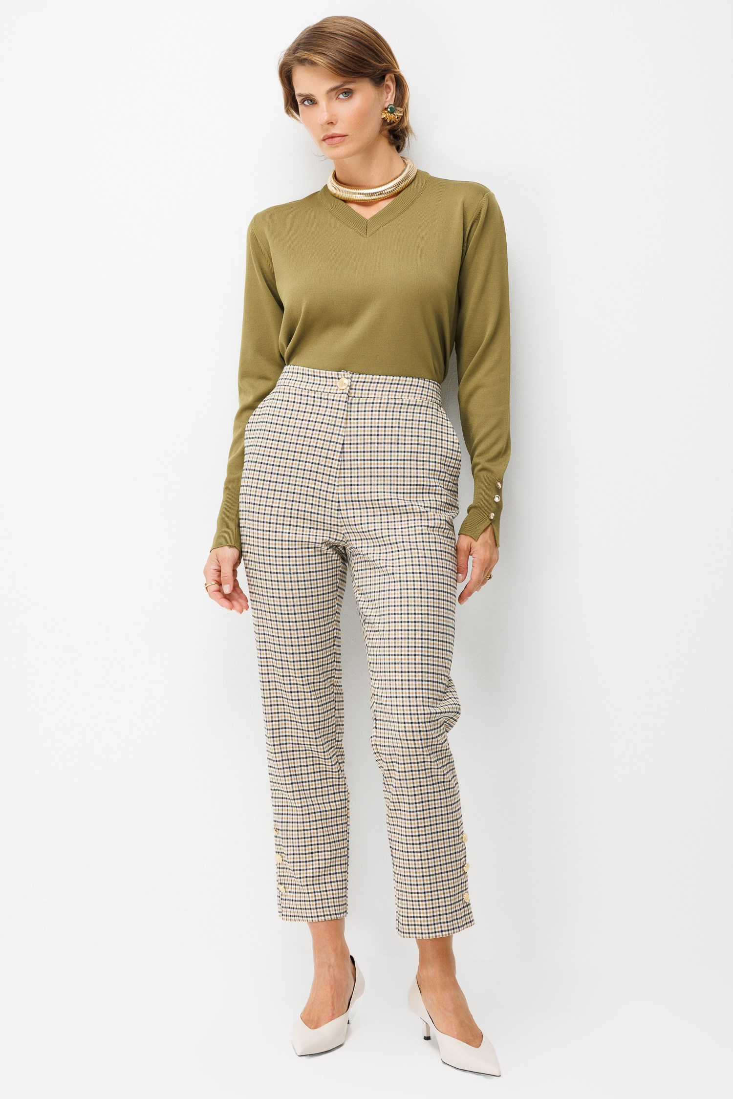Beli Lastikli Ekose Pantolon-CAMEL