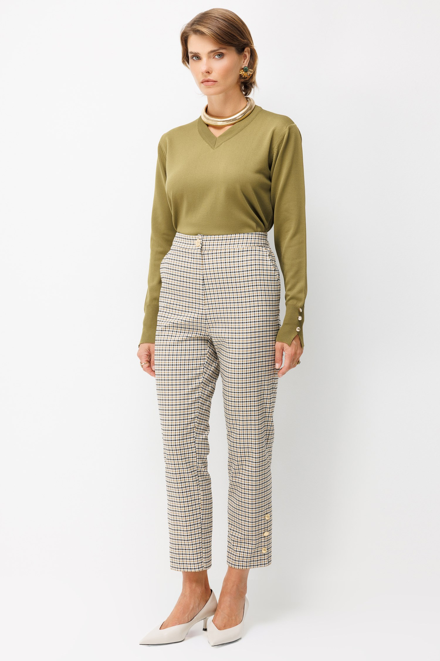 Beli Lastikli Ekose Pantolon-CAMEL