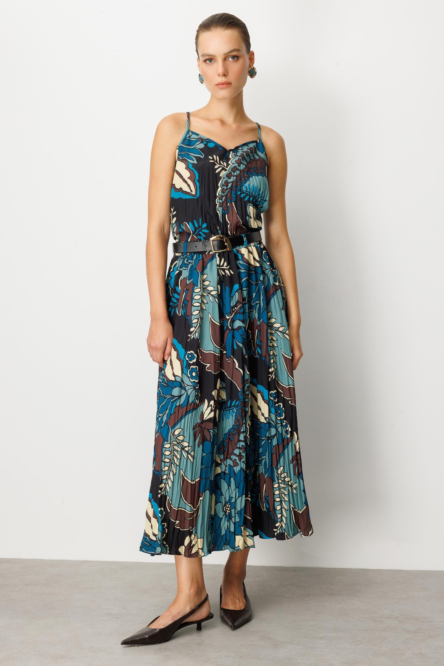 Beli Lastikli Kendinden Desenli Uzun Etek-PETROL