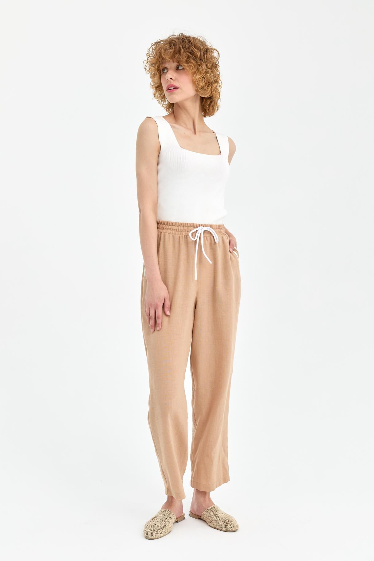 Beli Lastikli  Keten Pantolon-CAMEL