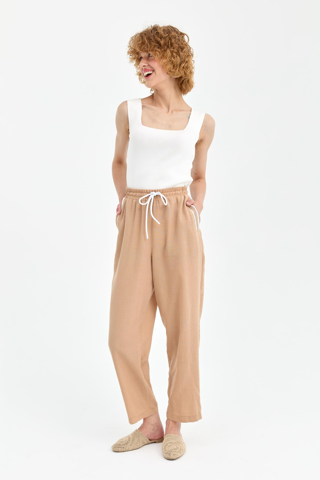 Beli Lastikli  Keten Pantolon-CAMEL