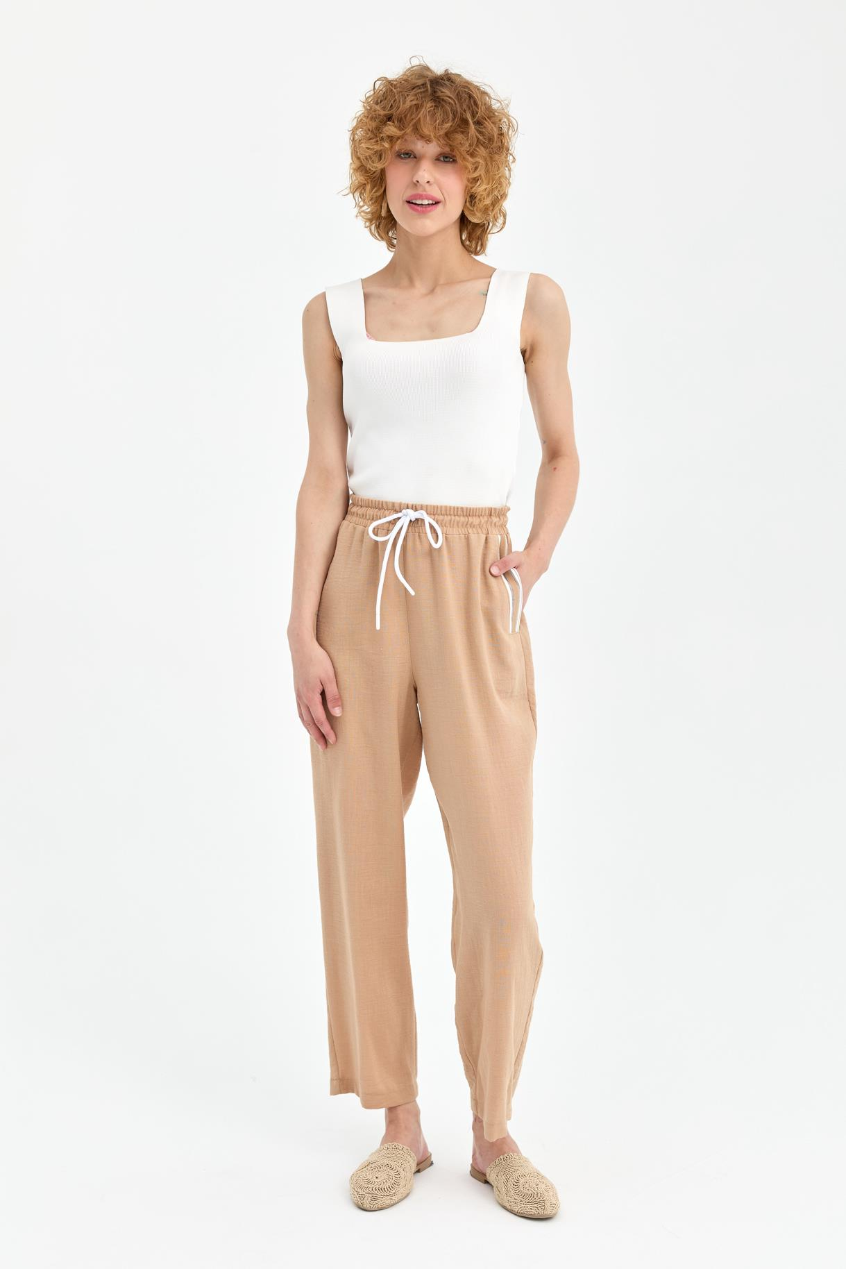 Beli Lastikli  Keten Pantolon-CAMEL