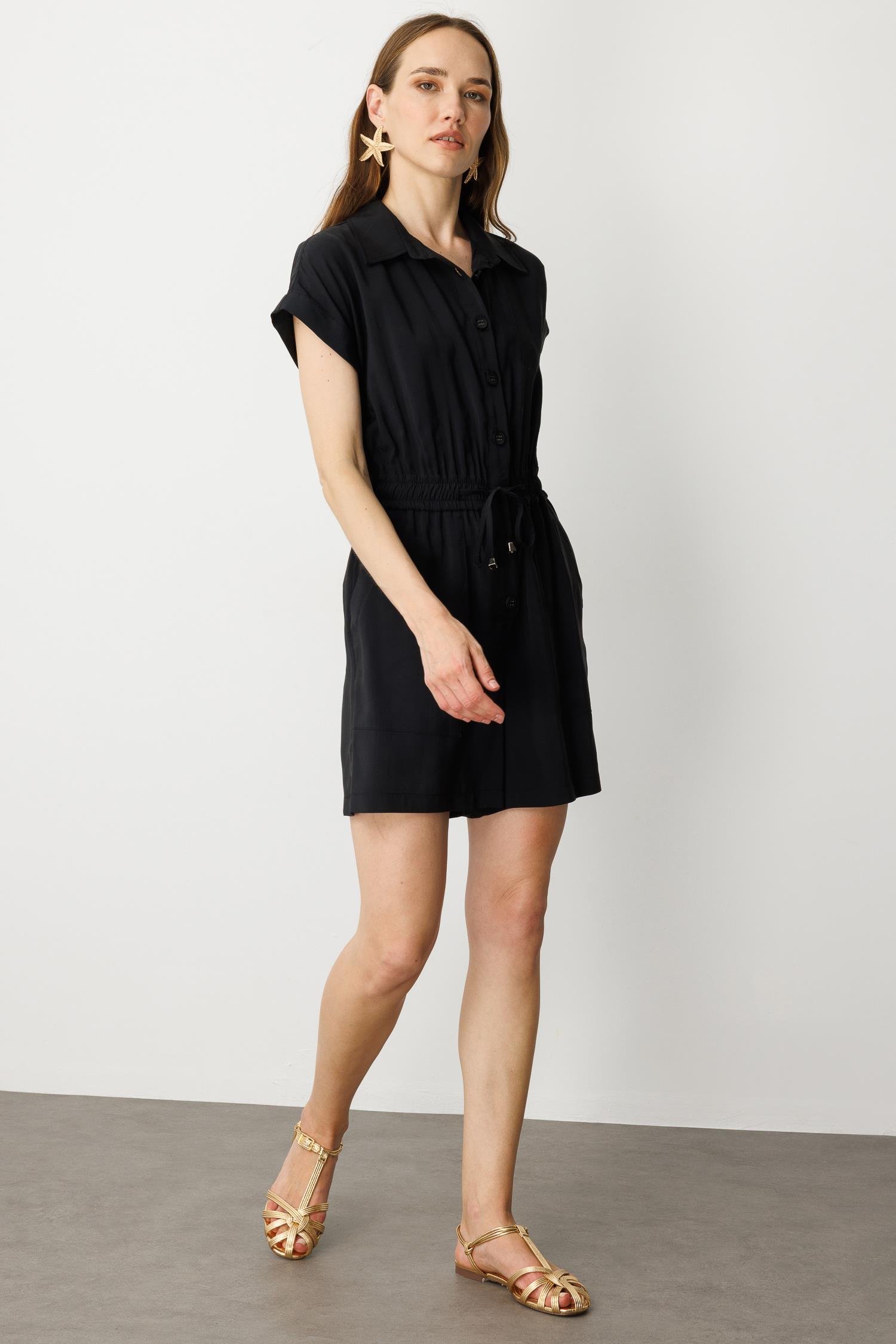 Beli Lastikli Kısa Tulum-SİYAH